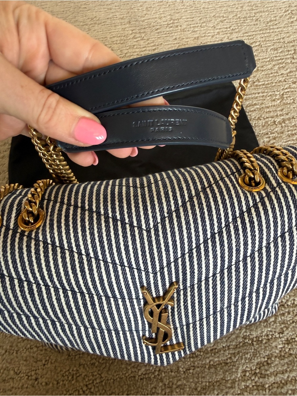 Saint Laurent Navy and White Striped Denim Small Loulou Shoulder Bag - Picture 10 of 12